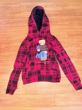 Polo Ralph Lauren Polo Bear Red & Black Checkered Hoodie Pull Over Size 10-12